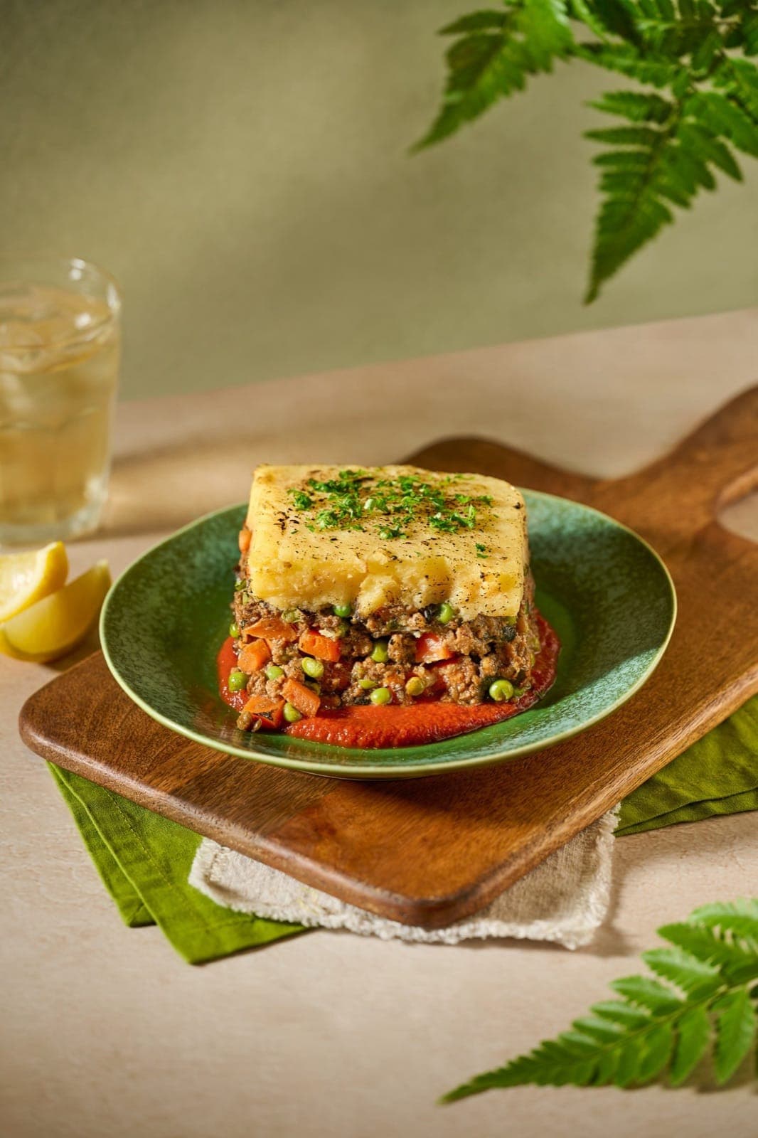 Savor shepherd’s pie with golden mash, peas and carrots on a green plate