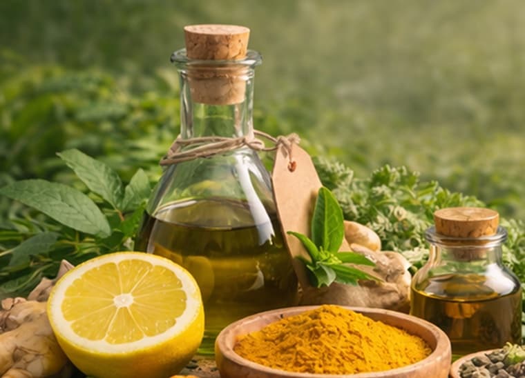 Organic oils, turmeric and fresh herbs from Savor Market