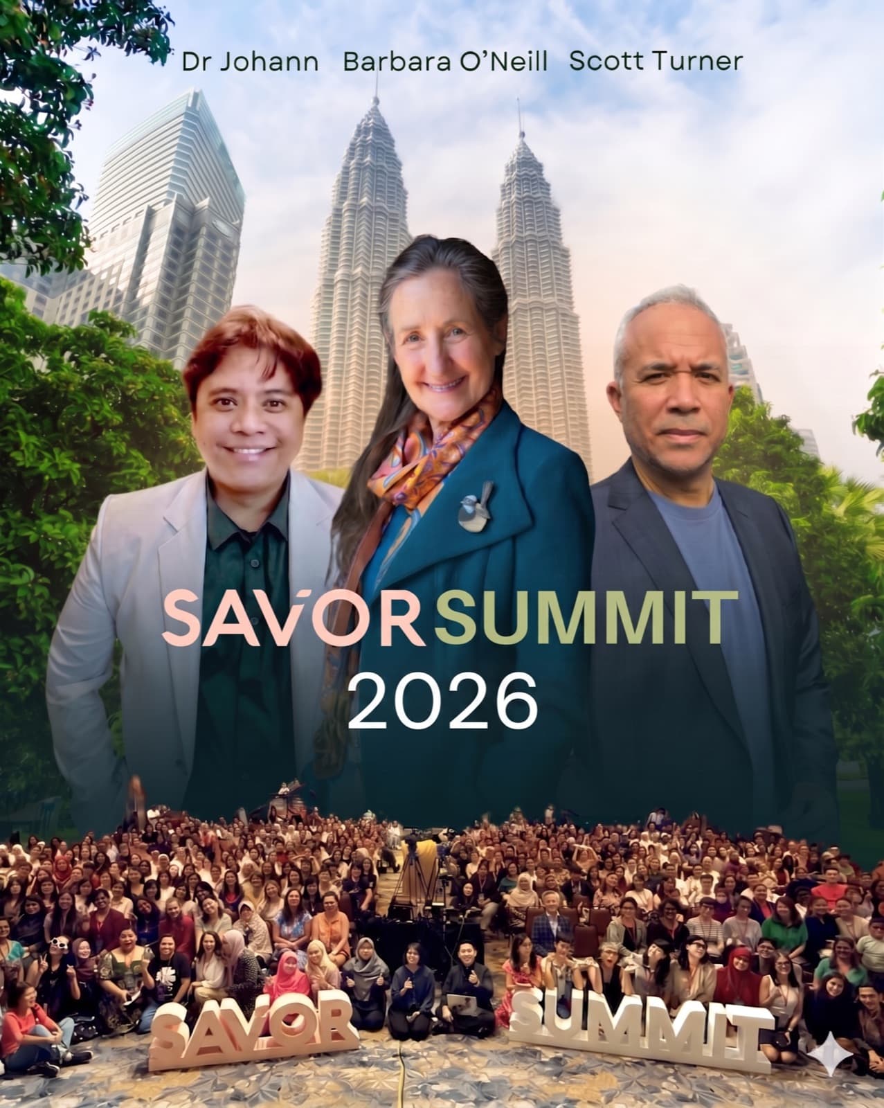 Savor Summit 2026 poster with speakers and audience